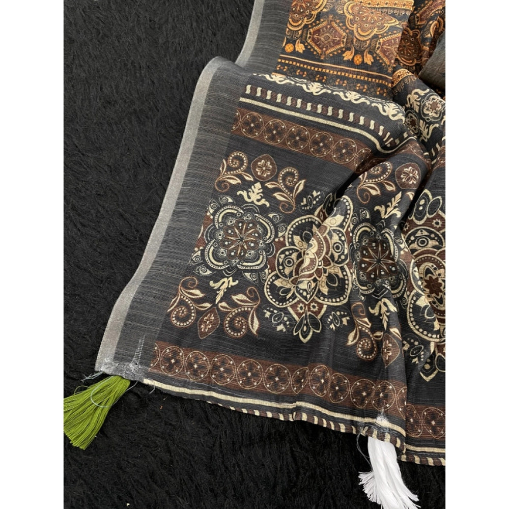 Women's Linen Cotton  Printed Saree With Unstitched Blouse 5.5Mtr  (Beige)