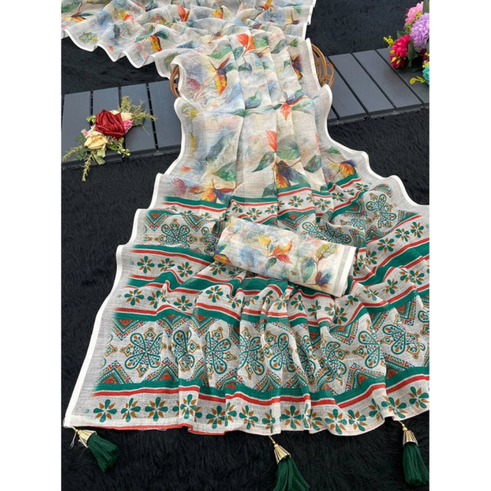 Women's Linen Cotton  Printed Saree With Unstitched Blouse 5.5Mtr  (Green)