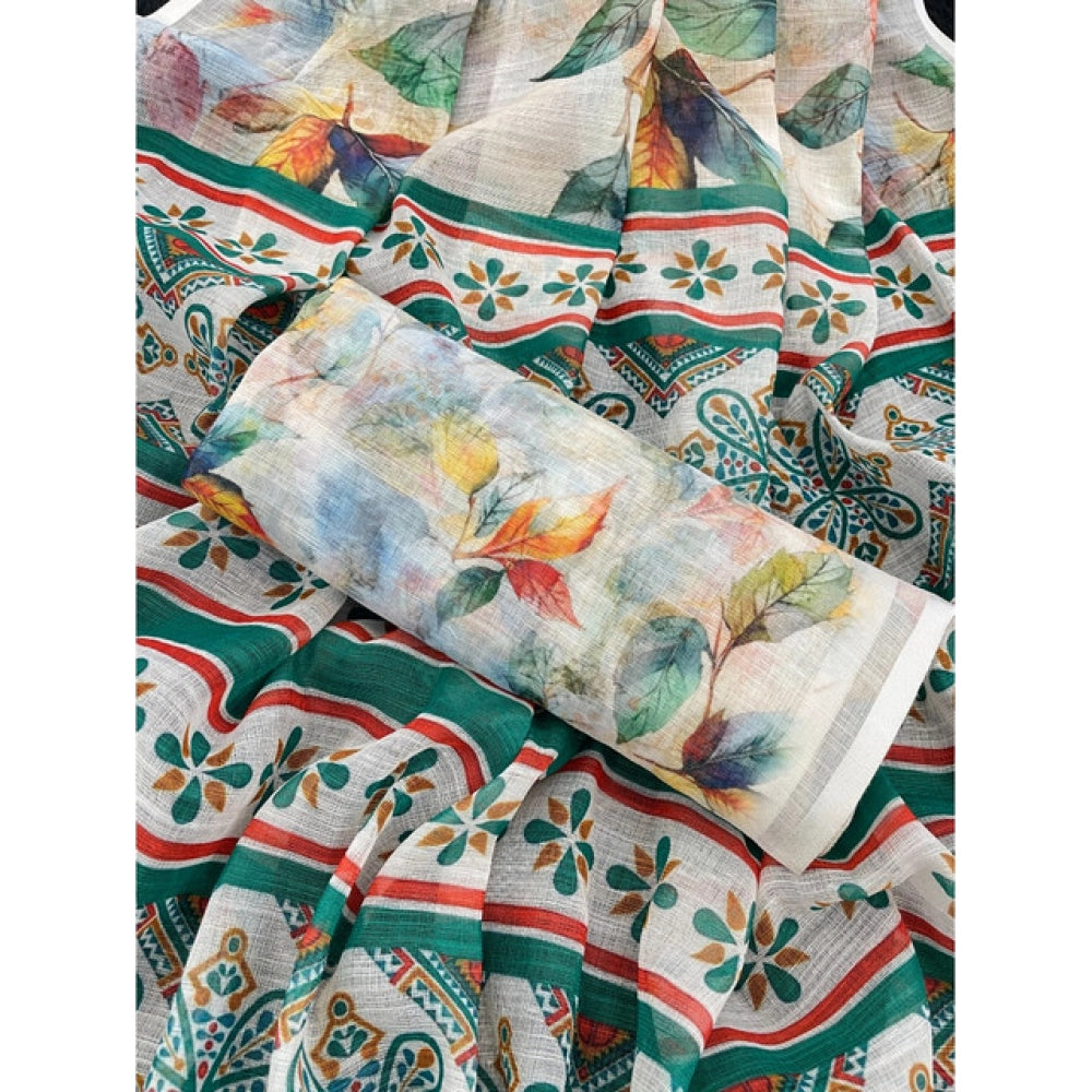 Women's Linen Cotton  Printed Saree With Unstitched Blouse 5.5Mtr  (Green)