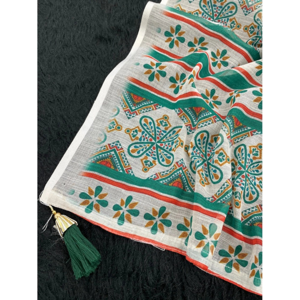 Women's Linen Cotton  Printed Saree With Unstitched Blouse 5.5Mtr  (Green)
