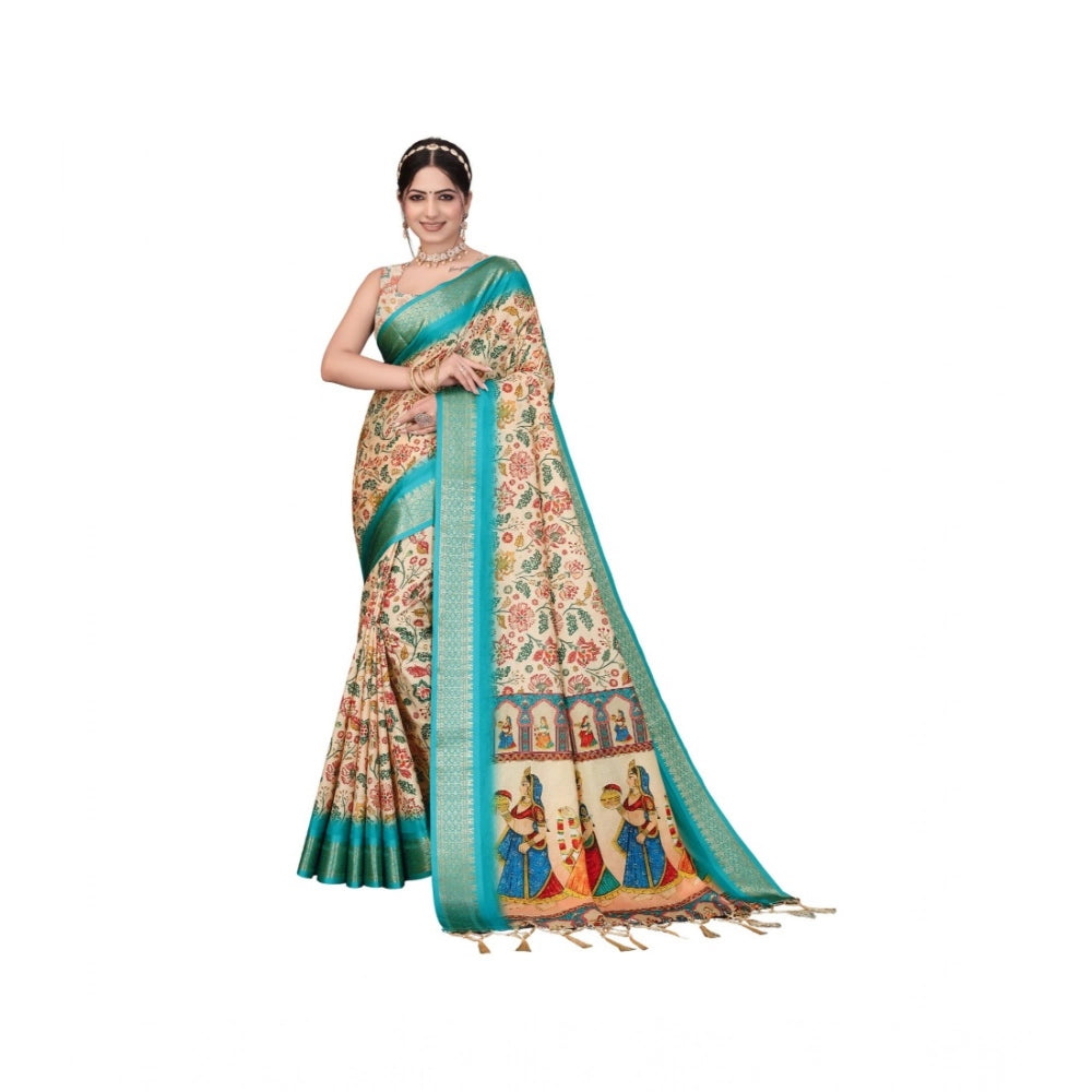 Women's Cotton Silk  Printed Saree With Unstitched Blouse 5.5Mtr  (Sky Blue)