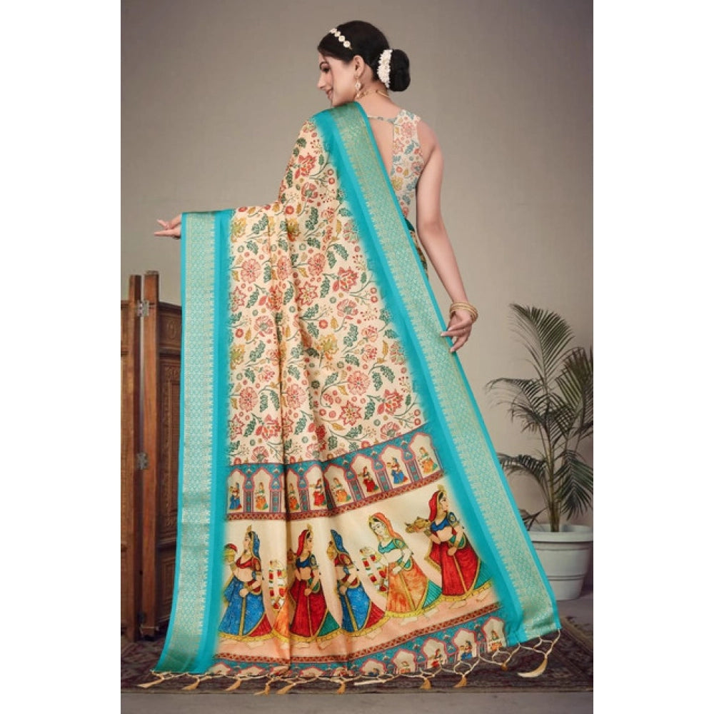Women's Cotton Silk  Printed Saree With Unstitched Blouse 5.5Mtr  (Sky Blue)