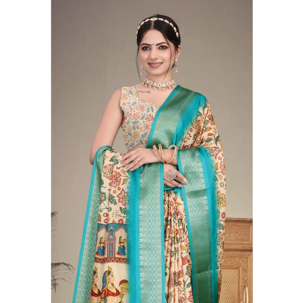 Women's Cotton Silk  Printed Saree With Unstitched Blouse 5.5Mtr  (Sky Blue)