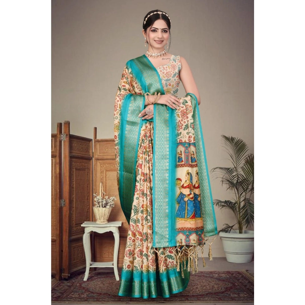 Women's Cotton Silk  Printed Saree With Unstitched Blouse 5.5Mtr  (Sky Blue)