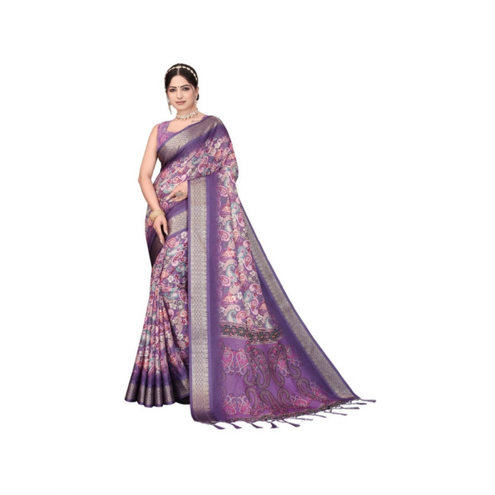 Women's Cotton Silk  Printed Saree With Unstitched Blouse 5.5Mtr  (Purple)
