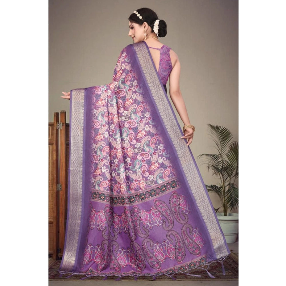 Women's Cotton Silk  Printed Saree With Unstitched Blouse 5.5Mtr  (Purple)