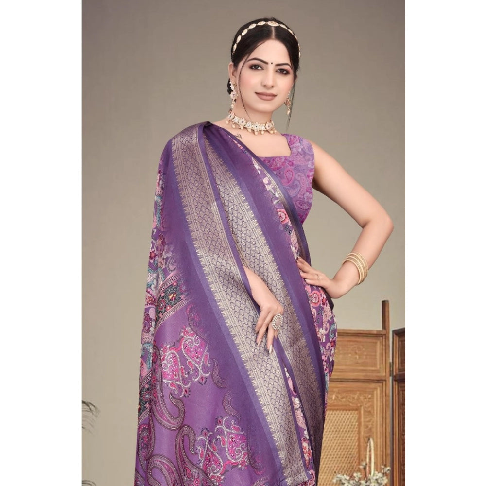 Women's Cotton Silk  Printed Saree With Unstitched Blouse 5.5Mtr  (Purple)