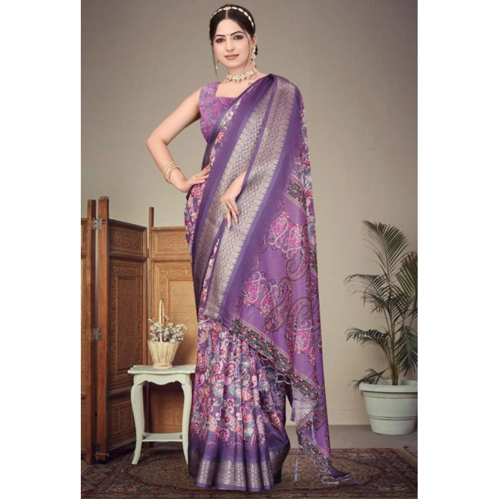 Women's Cotton Silk  Printed Saree With Unstitched Blouse 5.5Mtr  (Purple)
