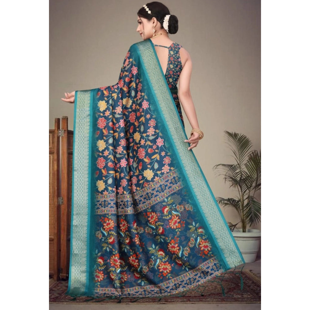 Women's Cotton Silk  Printed Saree With Unstitched Blouse 5.5Mtr  (Blue)
