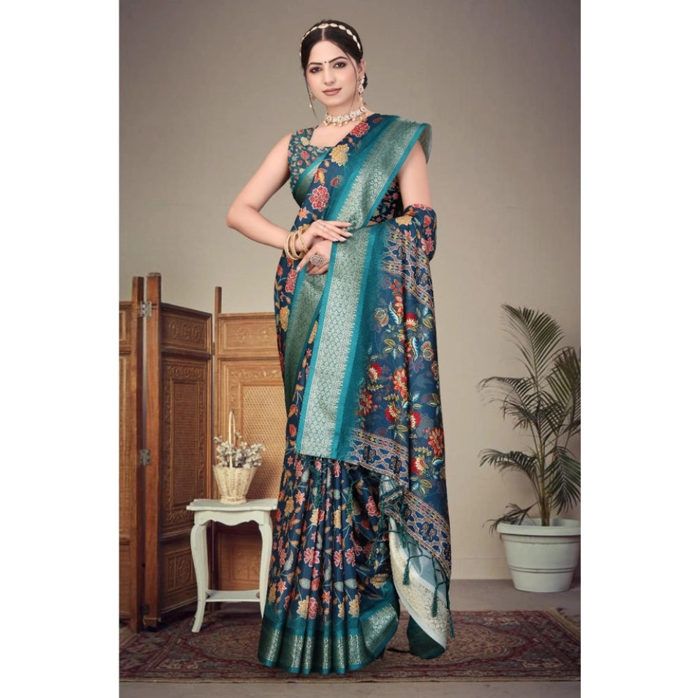 Women's Cotton Silk  Printed Saree With Unstitched Blouse 5.5Mtr  (Blue)