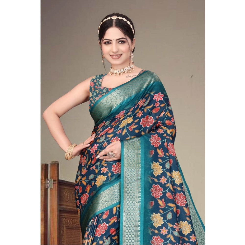 Women's Cotton Silk  Printed Saree With Unstitched Blouse 5.5Mtr  (Blue)
