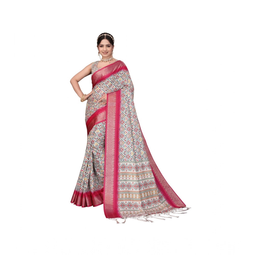 Women's Cotton Silk  Printed Saree With Unstitched Blouse 5.5Mtr  (Pink)