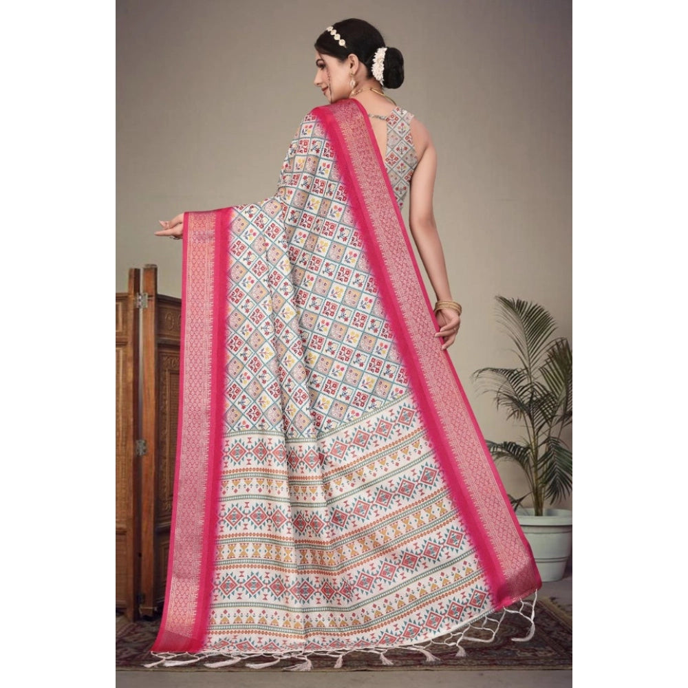 Women's Cotton Silk  Printed Saree With Unstitched Blouse 5.5Mtr  (Pink)