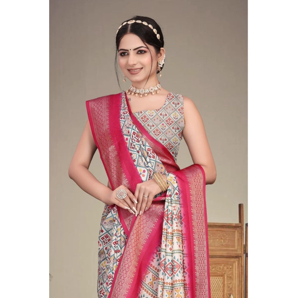 Women's Cotton Silk  Printed Saree With Unstitched Blouse 5.5Mtr  (Pink)