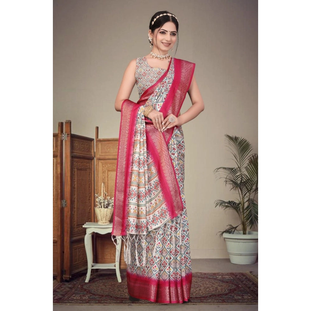 Women's Cotton Silk  Printed Saree With Unstitched Blouse 5.5Mtr  (Pink)