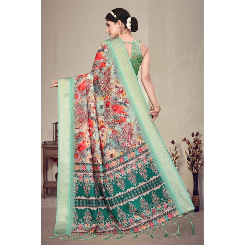 Women's Cotton Silk  Printed Saree With Unstitched Blouse 5.5Mtr  (Light Green)