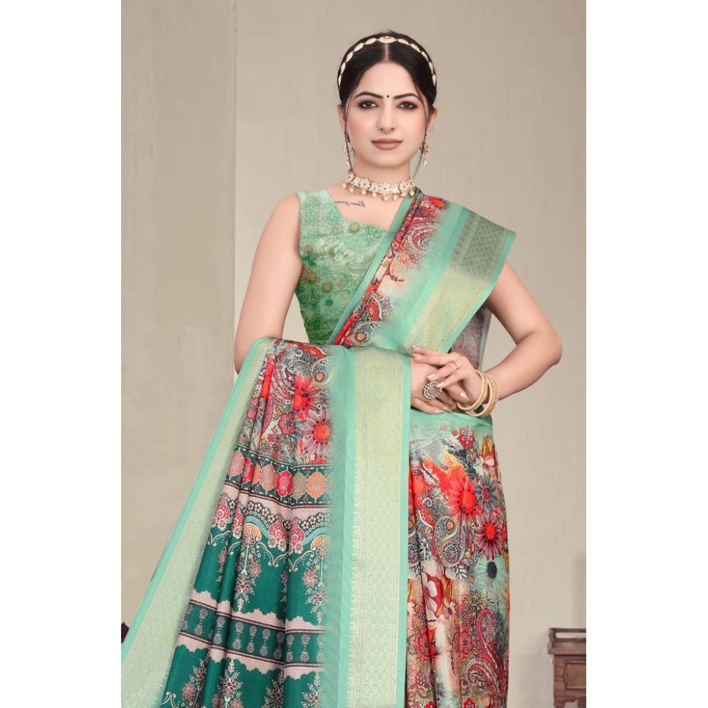 Women's Cotton Silk  Printed Saree With Unstitched Blouse 5.5Mtr  (Light Green)