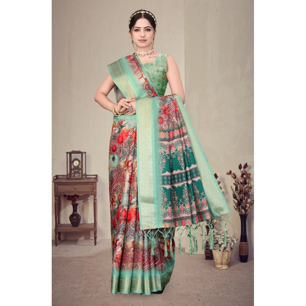 Women's Cotton Silk  Printed Saree With Unstitched Blouse 5.5Mtr  (Light Green)