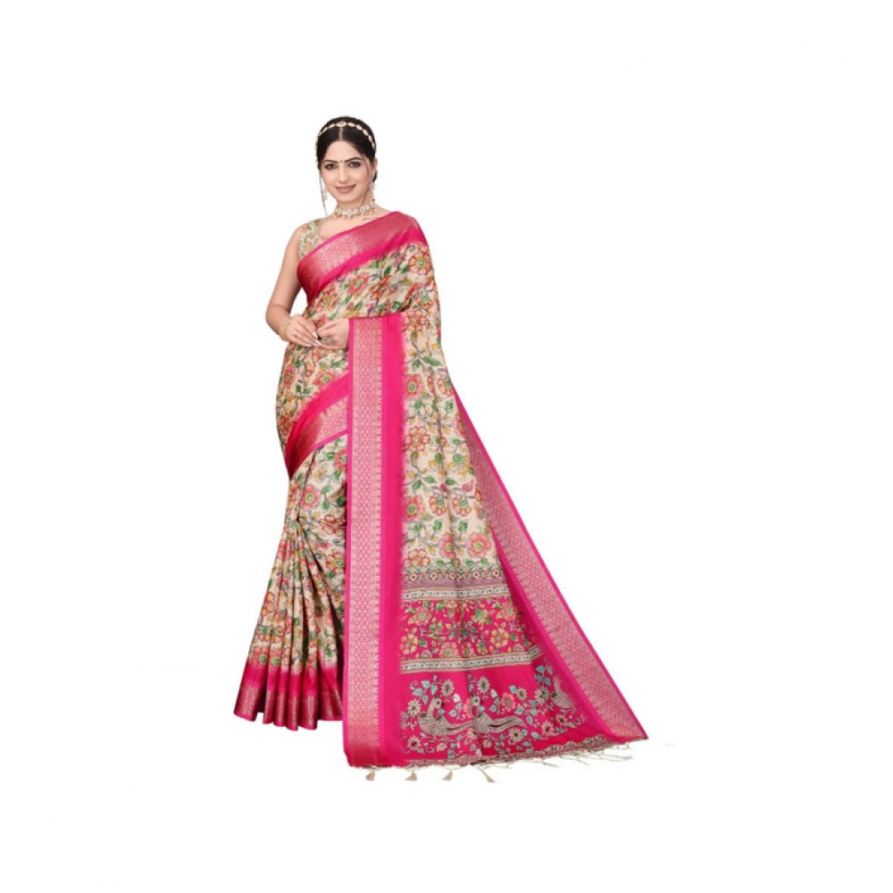 Women's Cotton Silk  Printed Saree With Unstitched Blouse 5.5Mtr  (Pink)