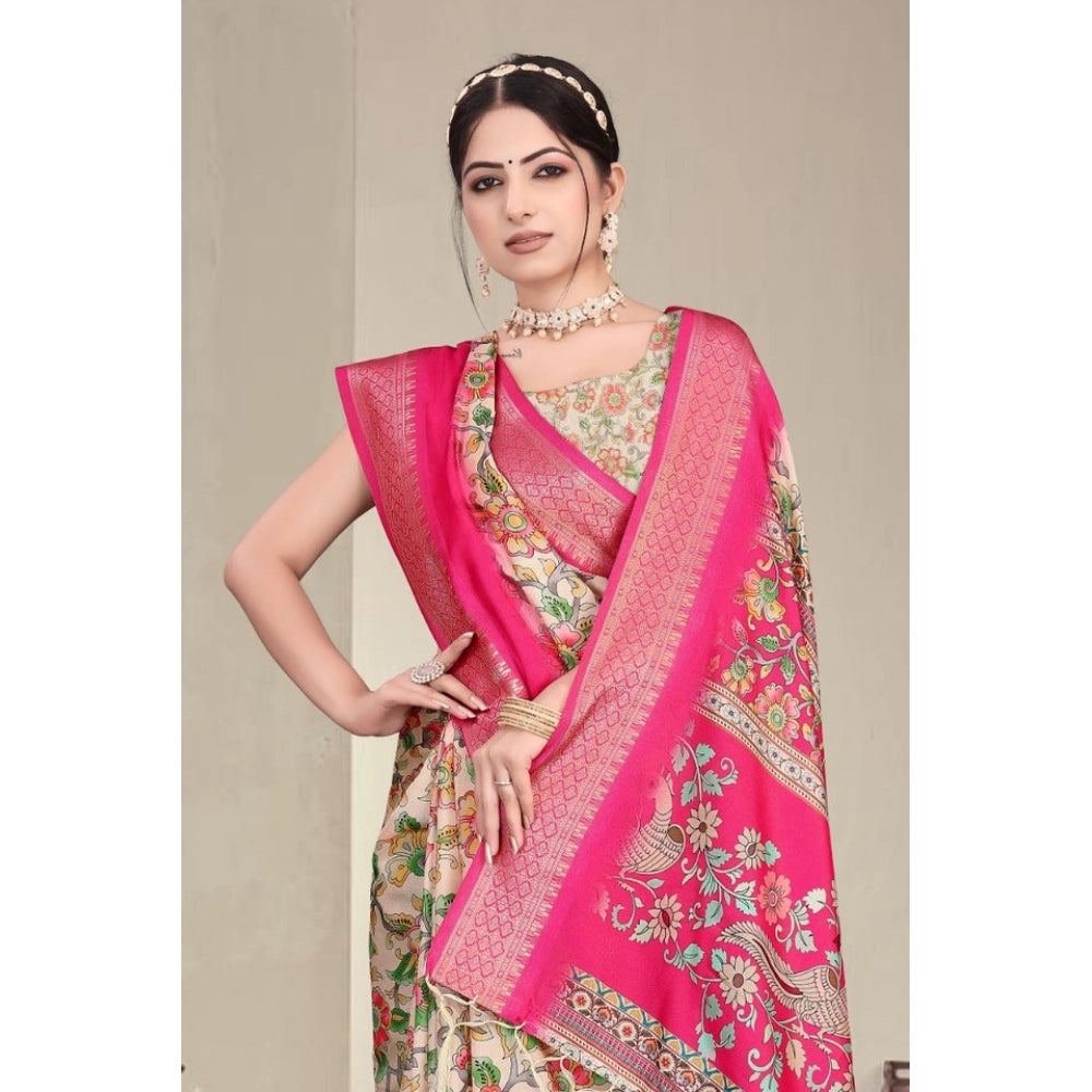 Women's Cotton Silk  Printed Saree With Unstitched Blouse 5.5Mtr  (Pink)