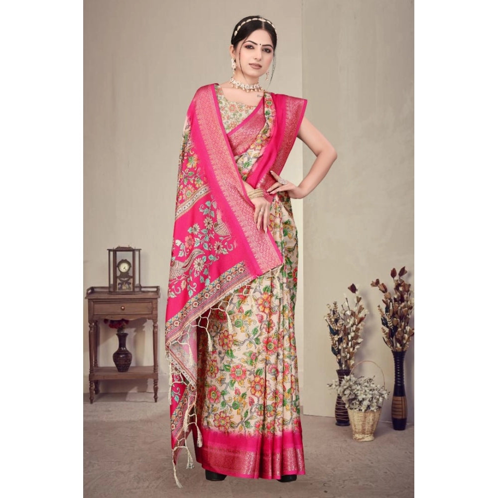 Women's Cotton Silk  Printed Saree With Unstitched Blouse 5.5Mtr  (Pink)