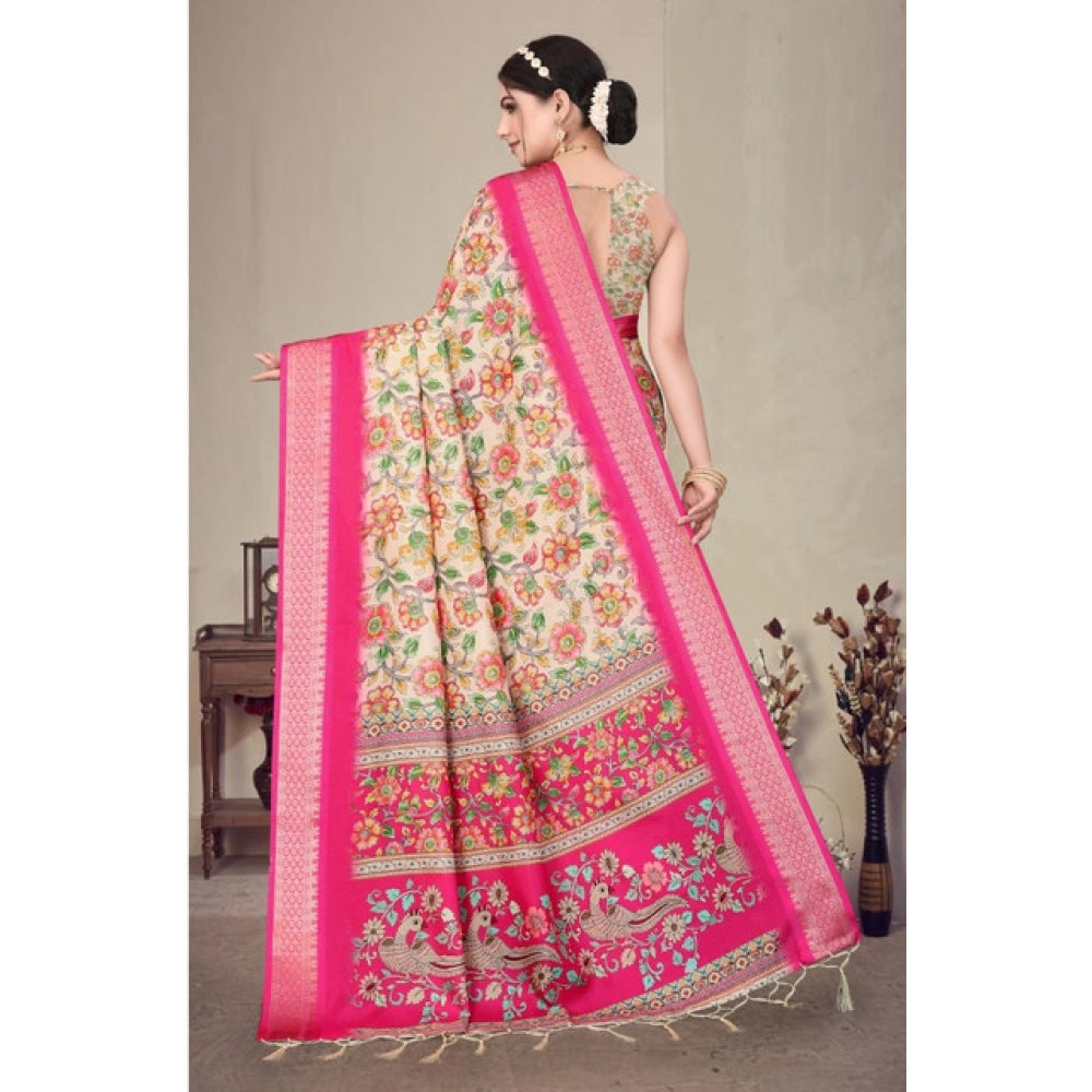 Women's Cotton Silk  Printed Saree With Unstitched Blouse 5.5Mtr  (Pink)