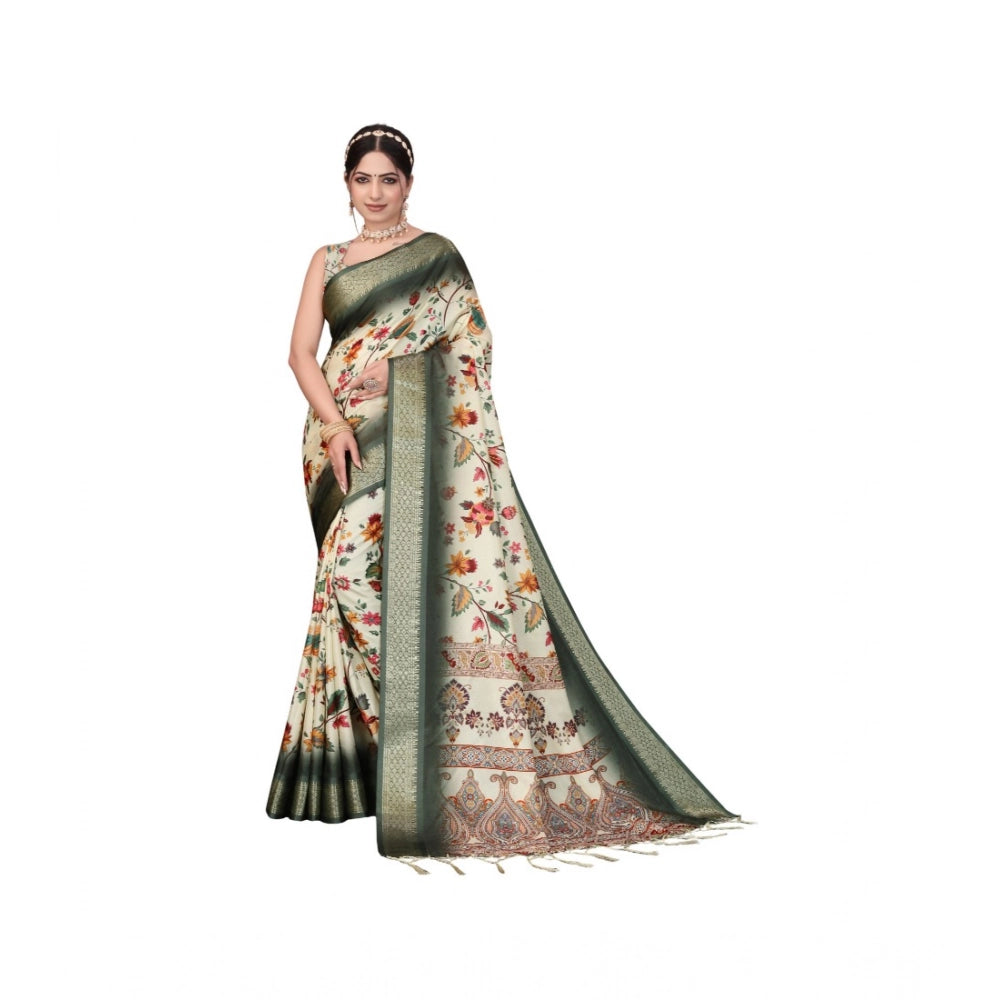 Women's Cotton Silk  Printed Saree With Unstitched Blouse 5.5Mtr  (Green)