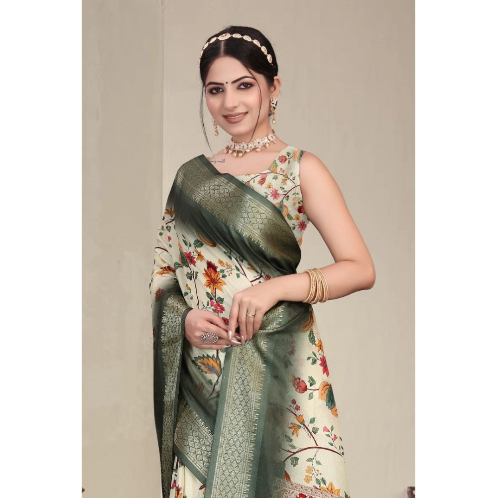 Women's Cotton Silk  Printed Saree With Unstitched Blouse 5.5Mtr  (Green)