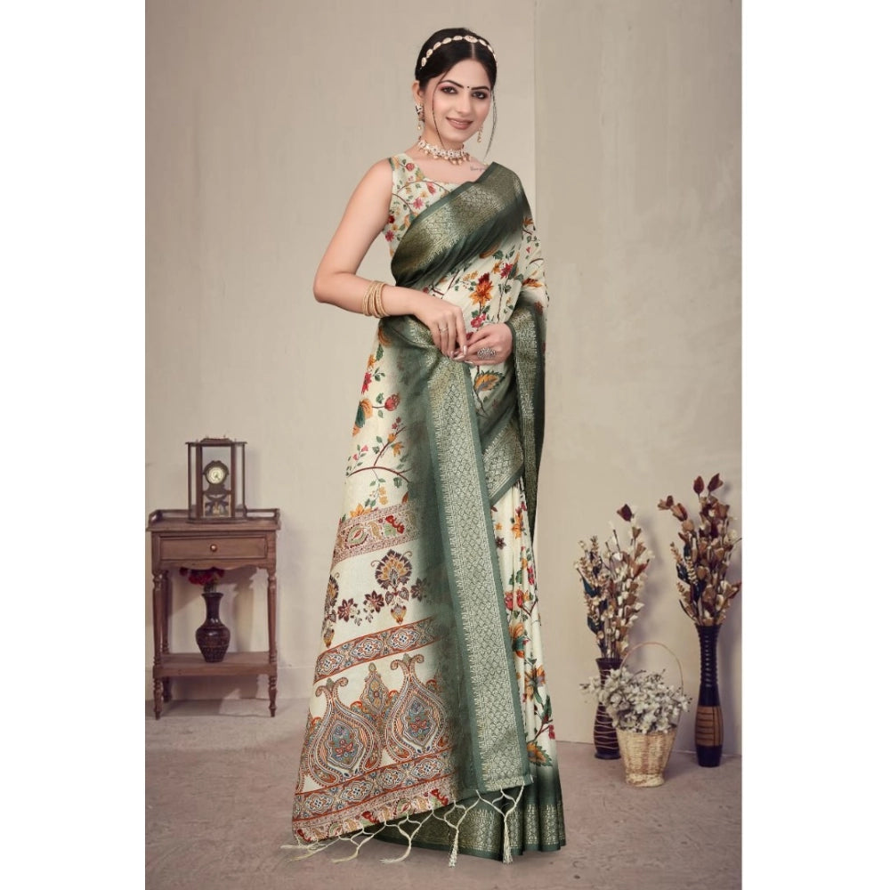 Women's Cotton Silk  Printed Saree With Unstitched Blouse 5.5Mtr  (Green)