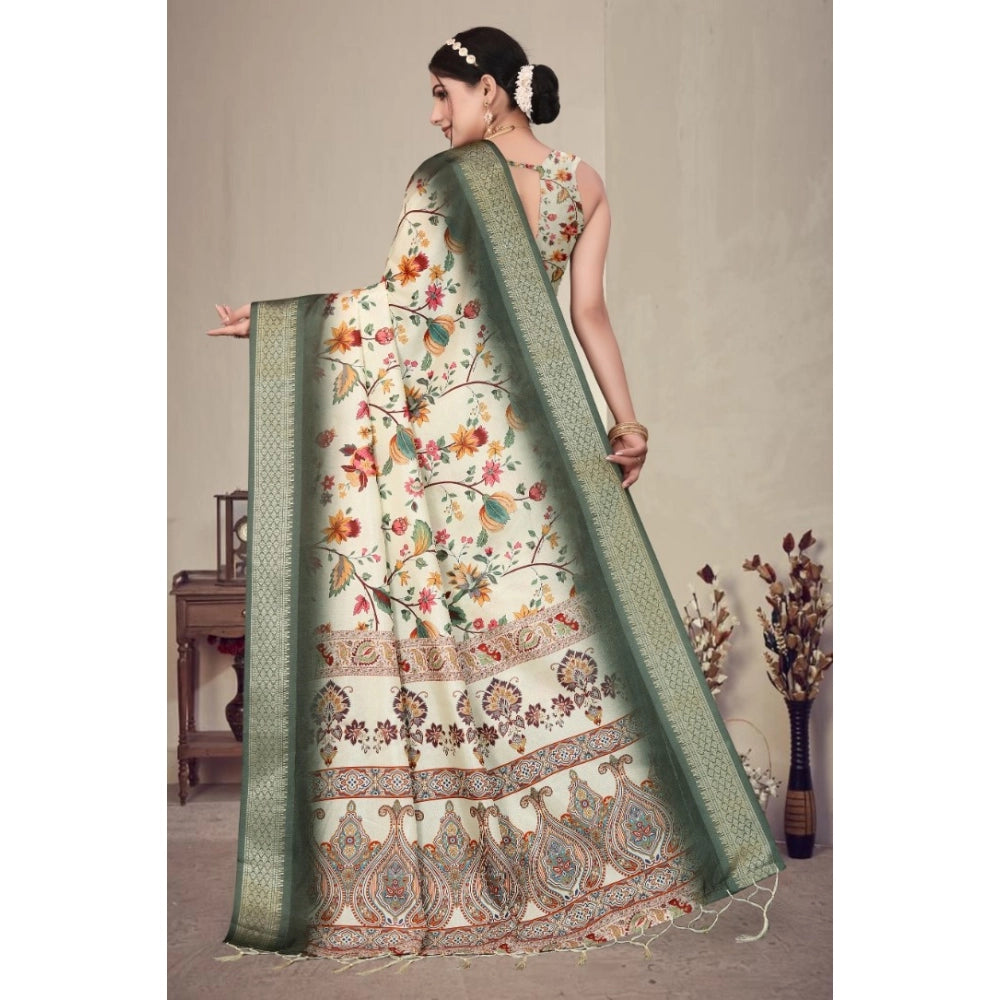Women's Cotton Silk  Printed Saree With Unstitched Blouse 5.5Mtr  (Green)