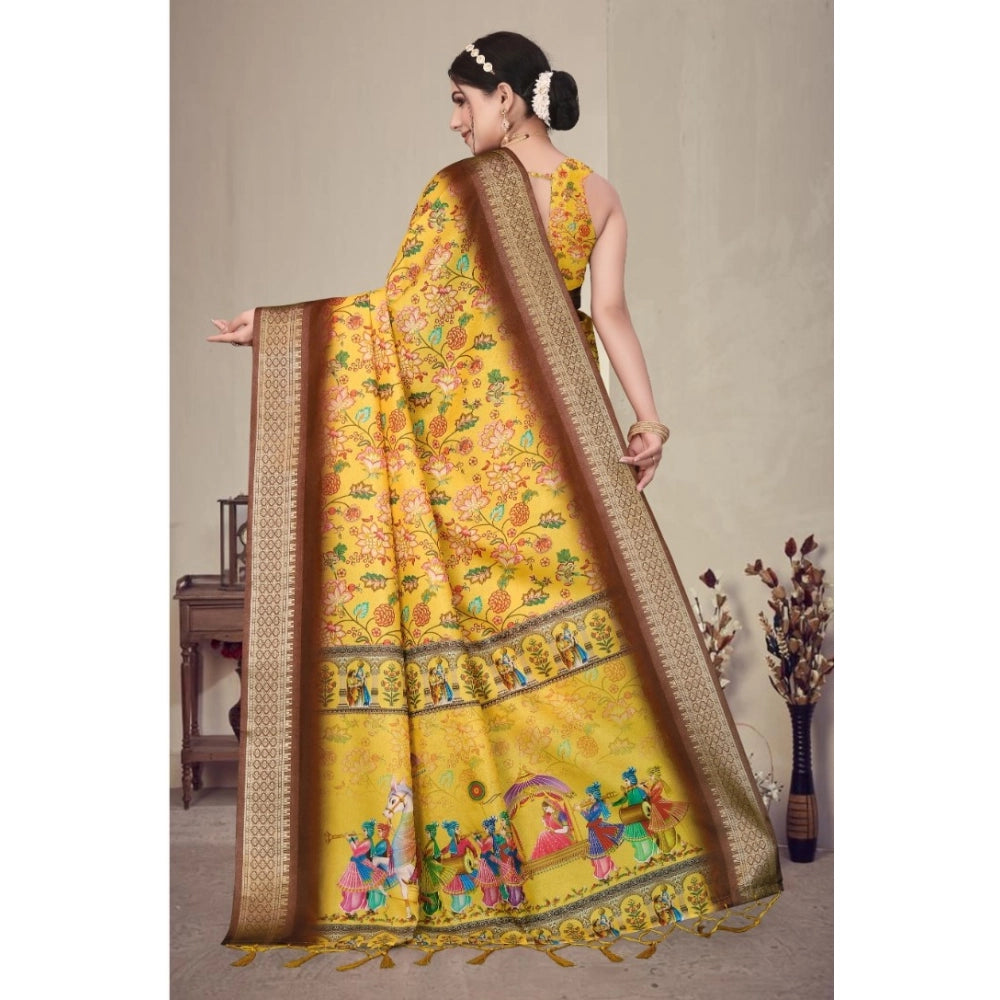 Women's Cotton Silk  Printed Saree With Unstitched Blouse 5.5Mtr  (Yellow)