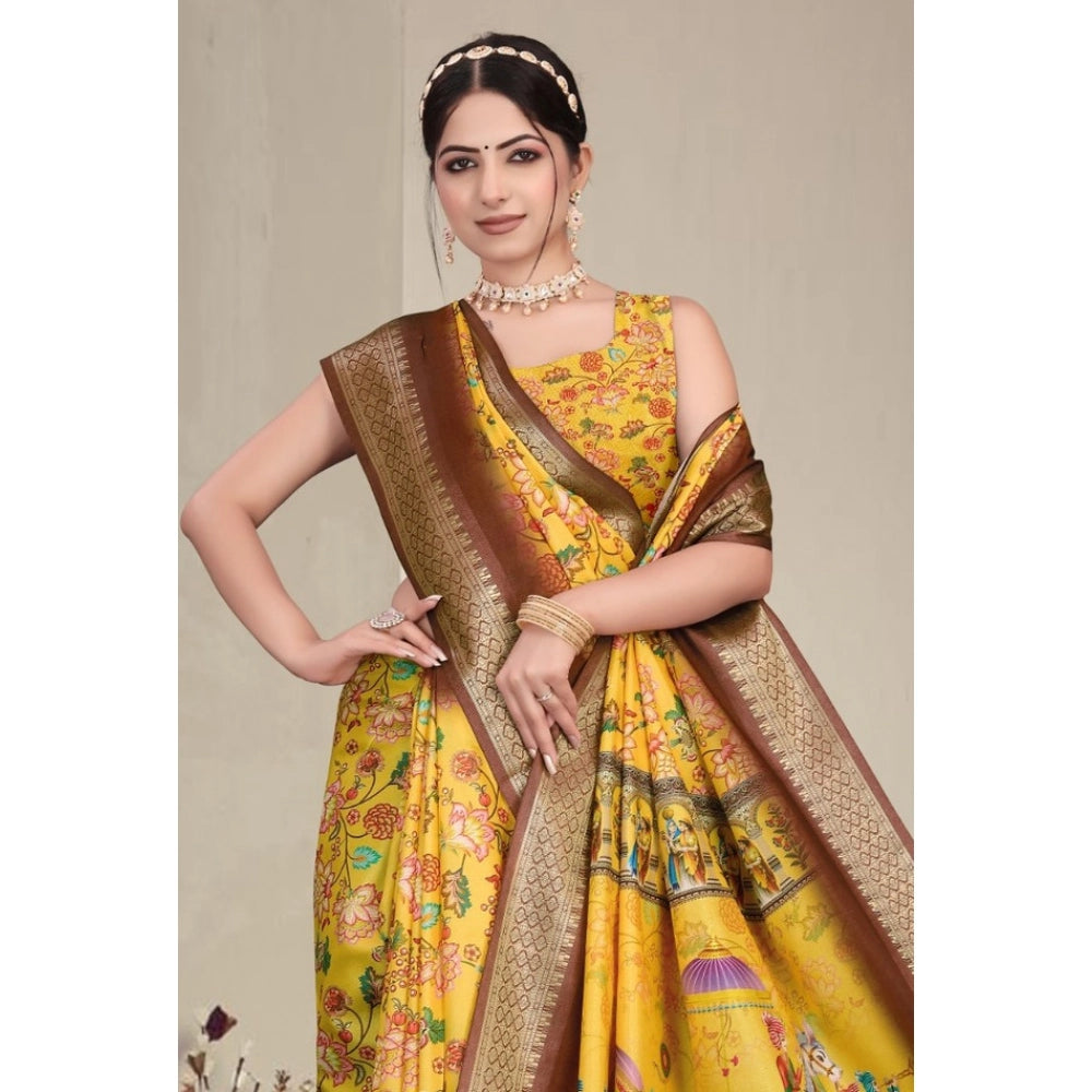 Women's Cotton Silk  Printed Saree With Unstitched Blouse 5.5Mtr  (Yellow)