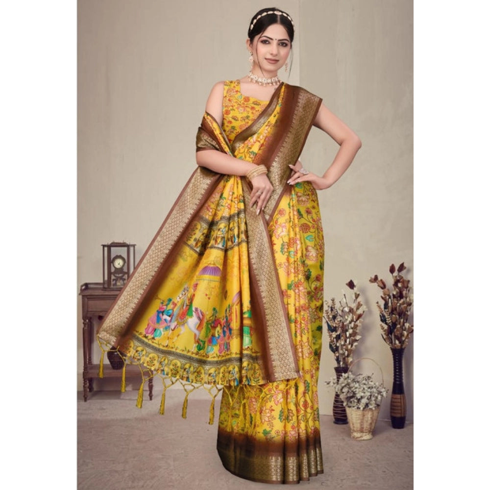 Women's Cotton Silk  Printed Saree With Unstitched Blouse 5.5Mtr  (Yellow)