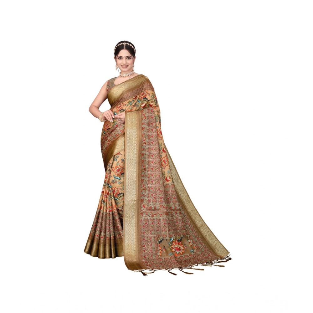 Women's Cotton Silk  Printed Saree With Unstitched Blouse 5.5Mtr  (Peach)
