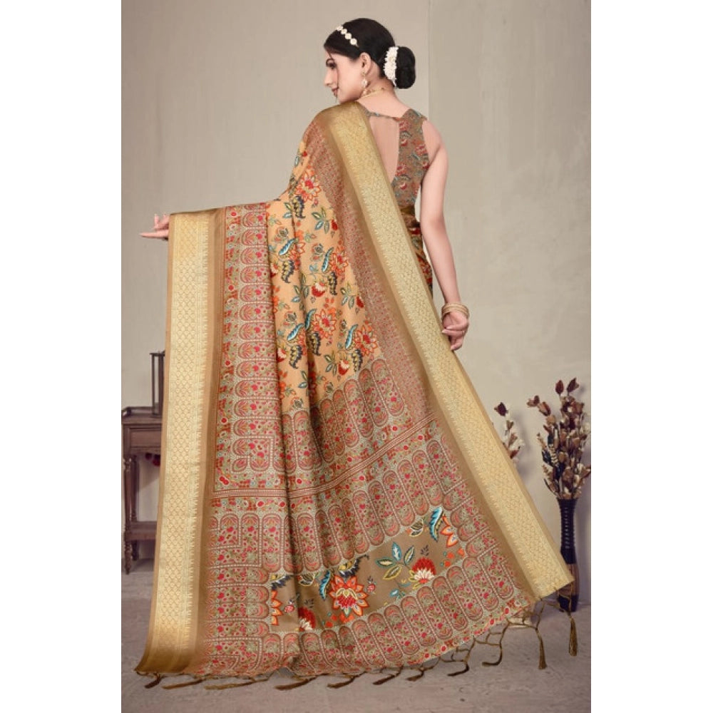 Women's Cotton Silk  Printed Saree With Unstitched Blouse 5.5Mtr  (Peach)