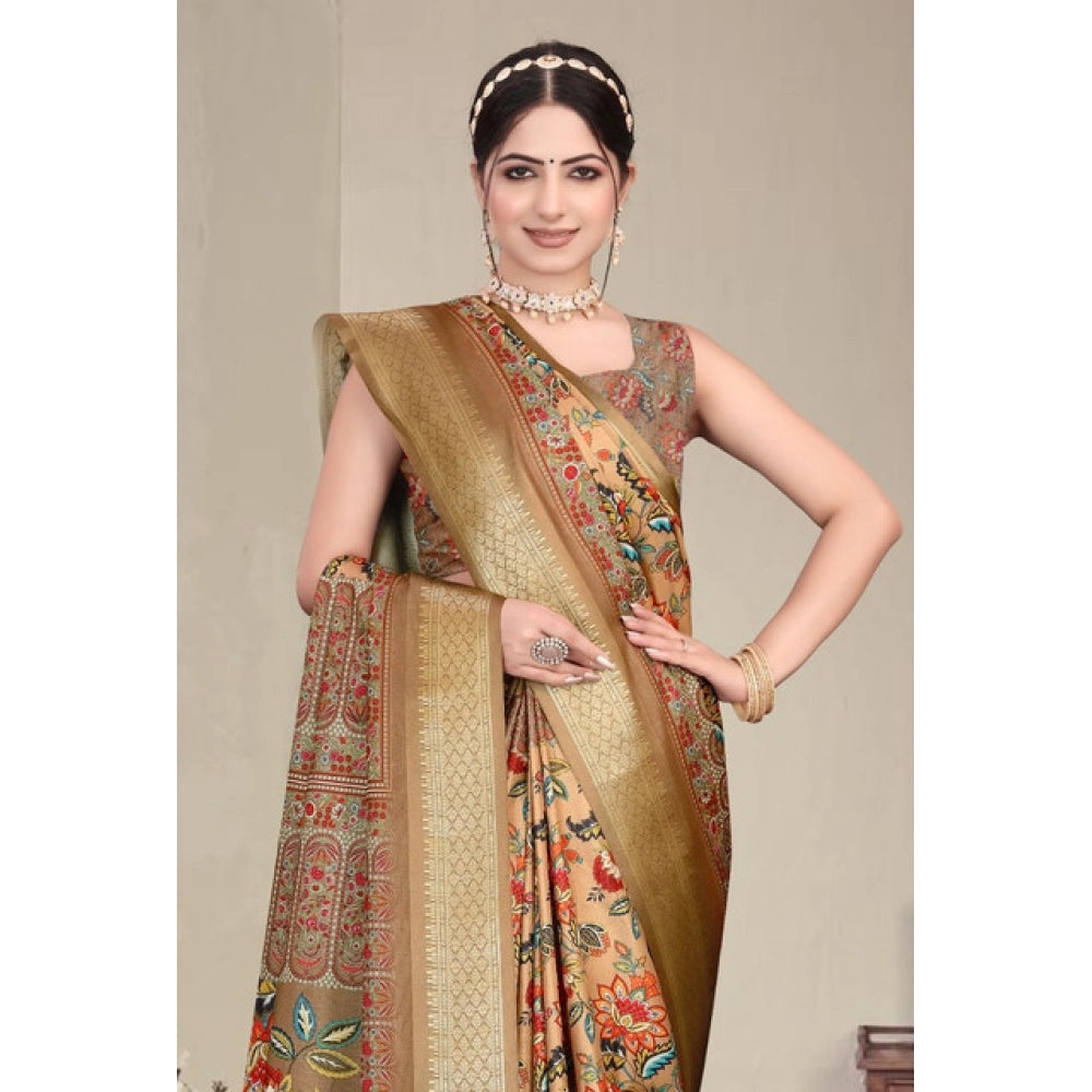 Women's Cotton Silk  Printed Saree With Unstitched Blouse 5.5Mtr  (Peach)