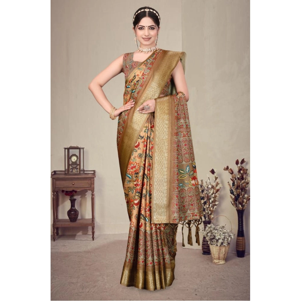 Women's Cotton Silk  Printed Saree With Unstitched Blouse 5.5Mtr  (Peach)