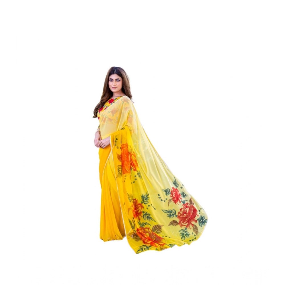 Women's Georgette  Printed Saree With Unstitched Blouse 5.5Mtr  (Yellow)