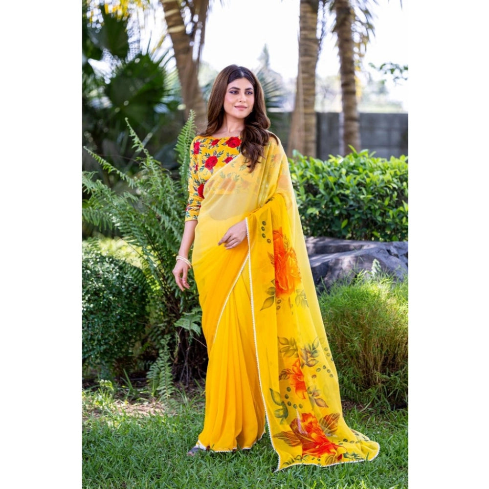 Women's Georgette  Printed Saree With Unstitched Blouse 5.5Mtr  (Yellow)
