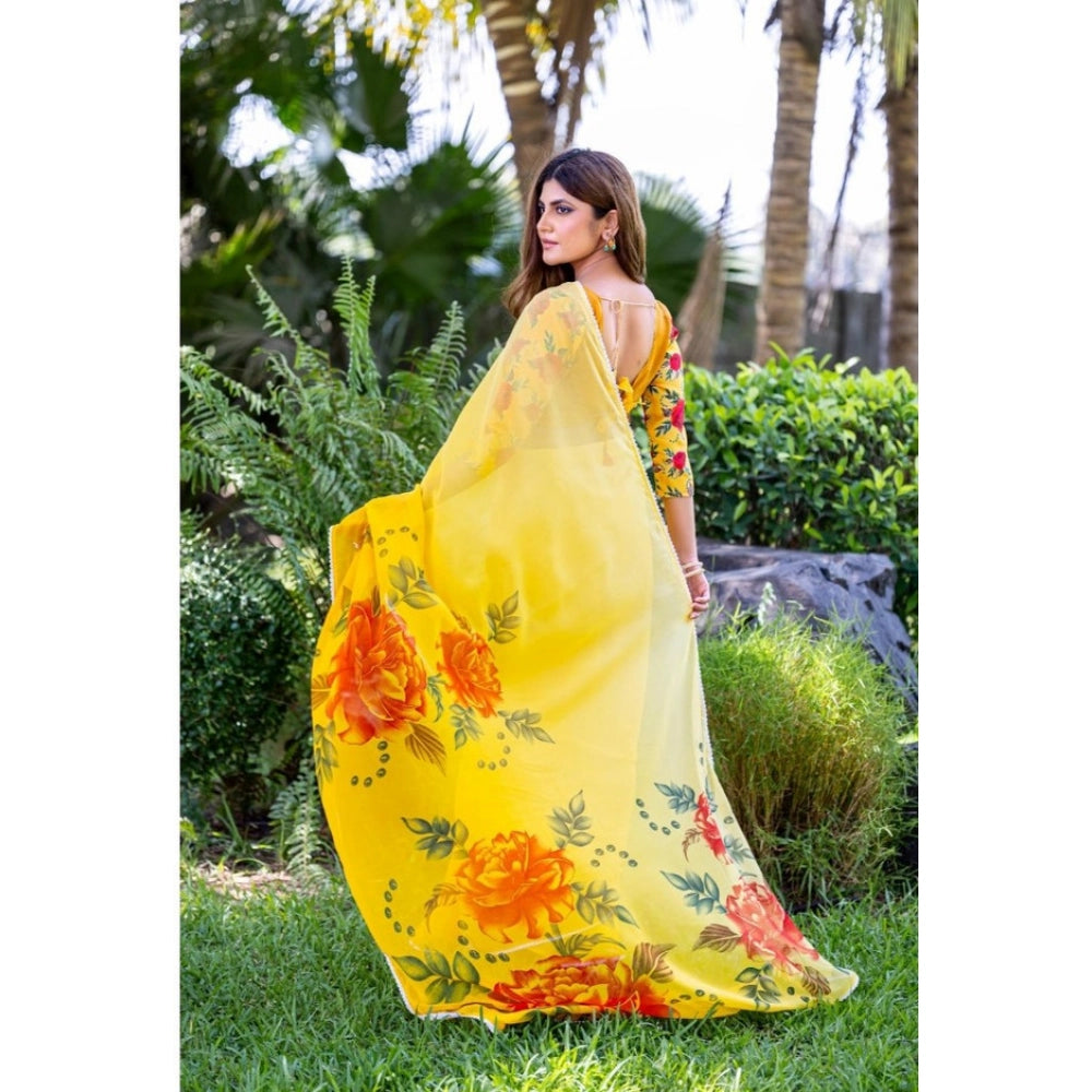 Women's Georgette  Printed Saree With Unstitched Blouse 5.5Mtr  (Yellow)