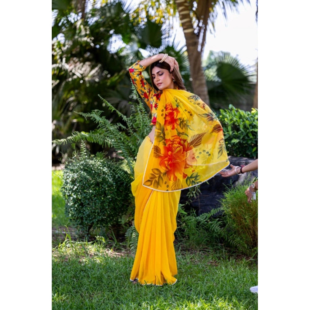Women's Georgette  Printed Saree With Unstitched Blouse 5.5Mtr  (Yellow)