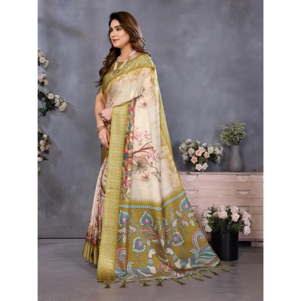 Women's Cotton Silk  Printed Saree With Unstitched Blouse 5.5Mtr  (Olive Green)