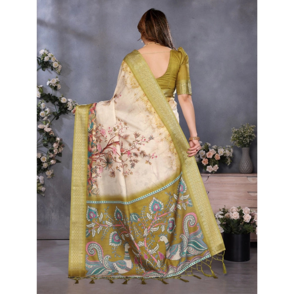 Women's Cotton Silk  Printed Saree With Unstitched Blouse 5.5Mtr  (Olive Green)