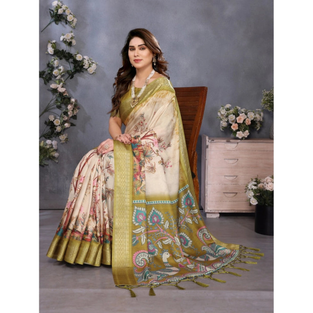 Women's Cotton Silk  Printed Saree With Unstitched Blouse 5.5Mtr  (Olive Green)