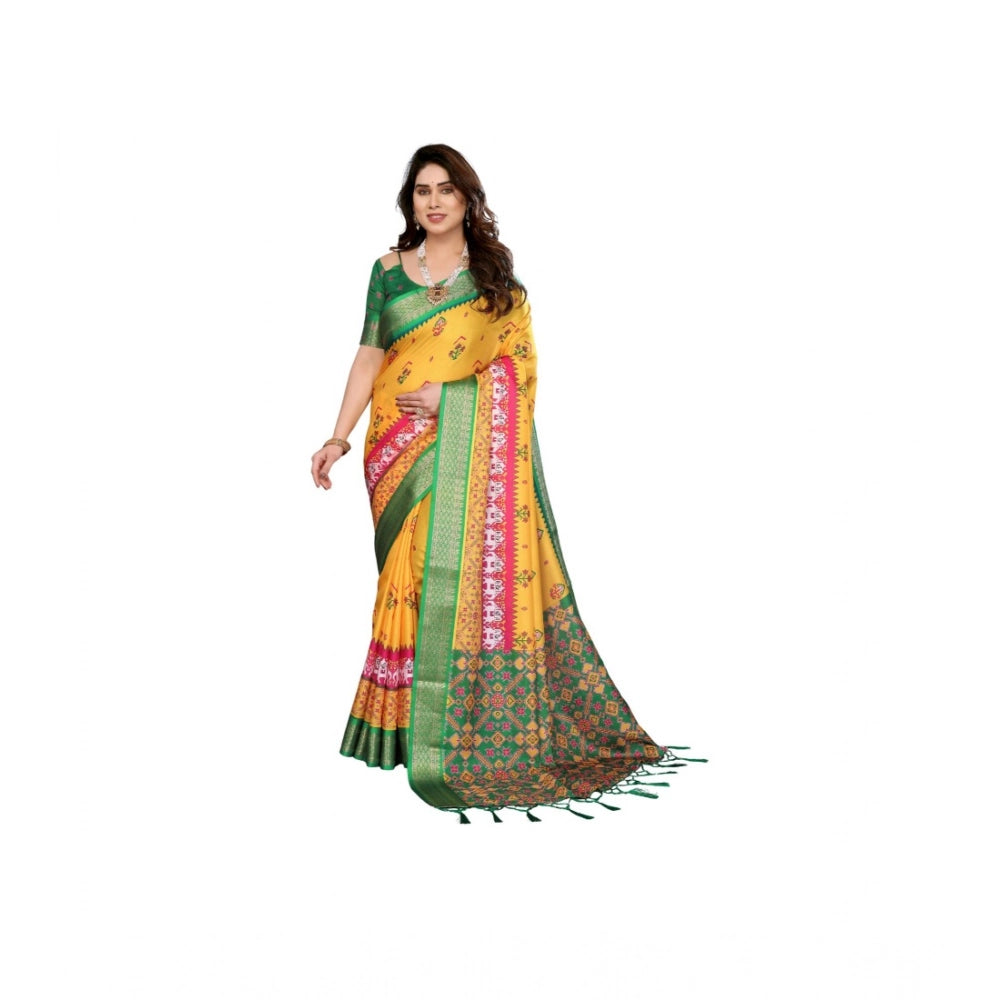 Women's Cotton Silk  Printed Saree With Unstitched Blouse 5.5Mtr  (Yellow)