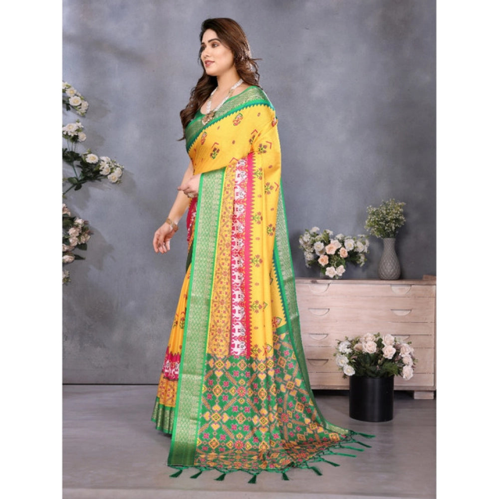 Women's Cotton Silk  Printed Saree With Unstitched Blouse 5.5Mtr  (Yellow)