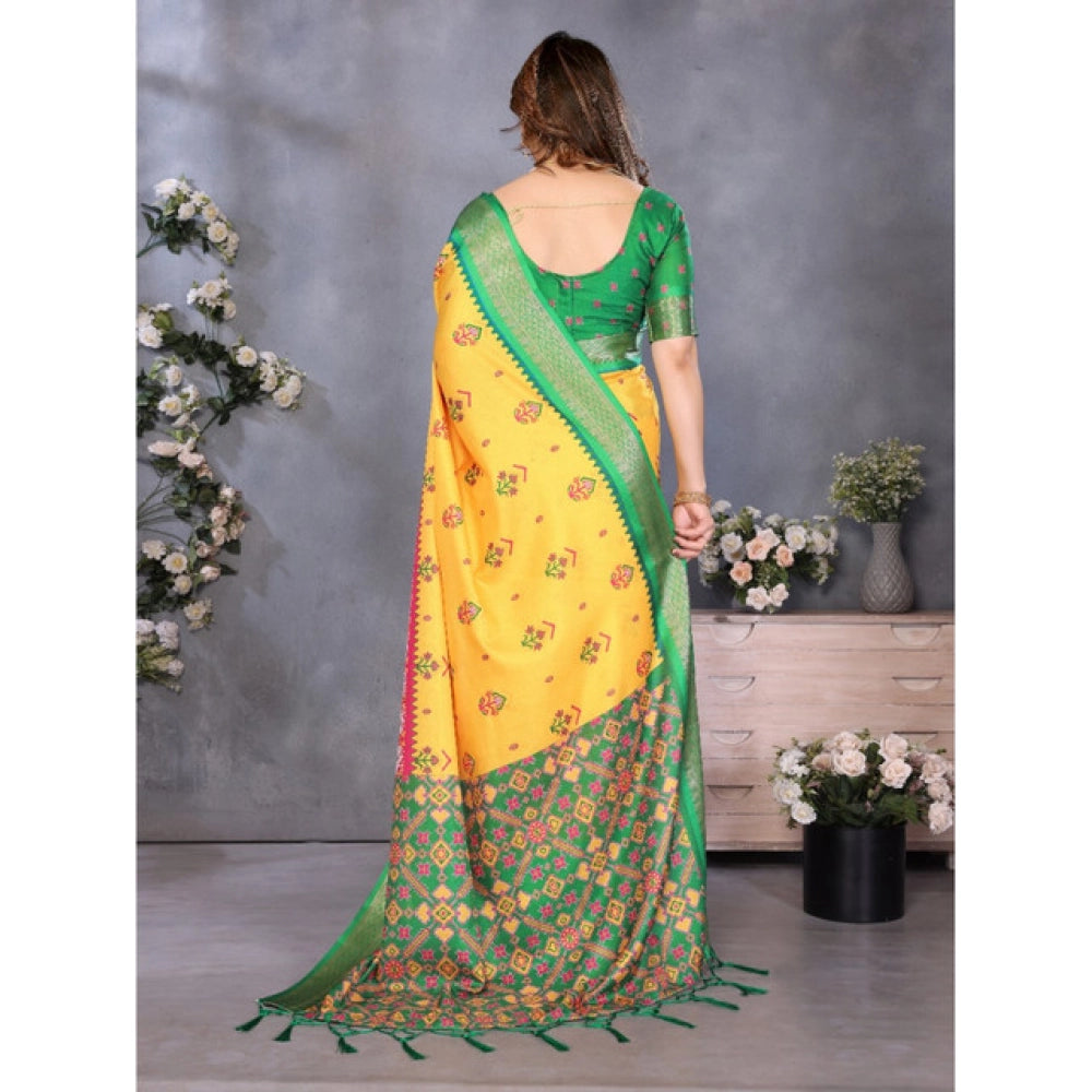Women's Cotton Silk  Printed Saree With Unstitched Blouse 5.5Mtr  (Yellow)