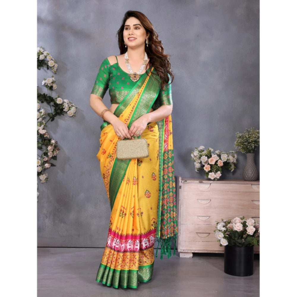 Women's Cotton Silk  Printed Saree With Unstitched Blouse 5.5Mtr  (Yellow)