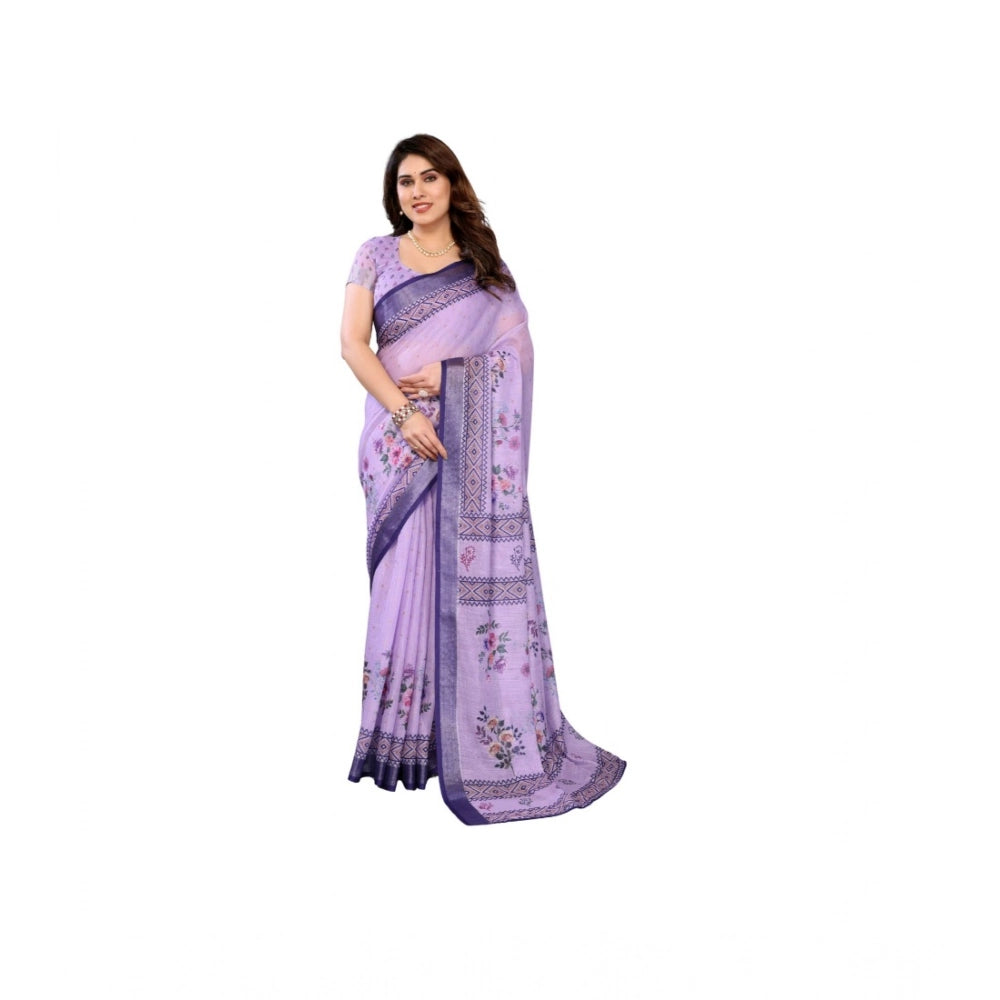 Women's Linen Cotton  Printed Saree With Unstitched Blouse 5.5Mtr  (Purple)