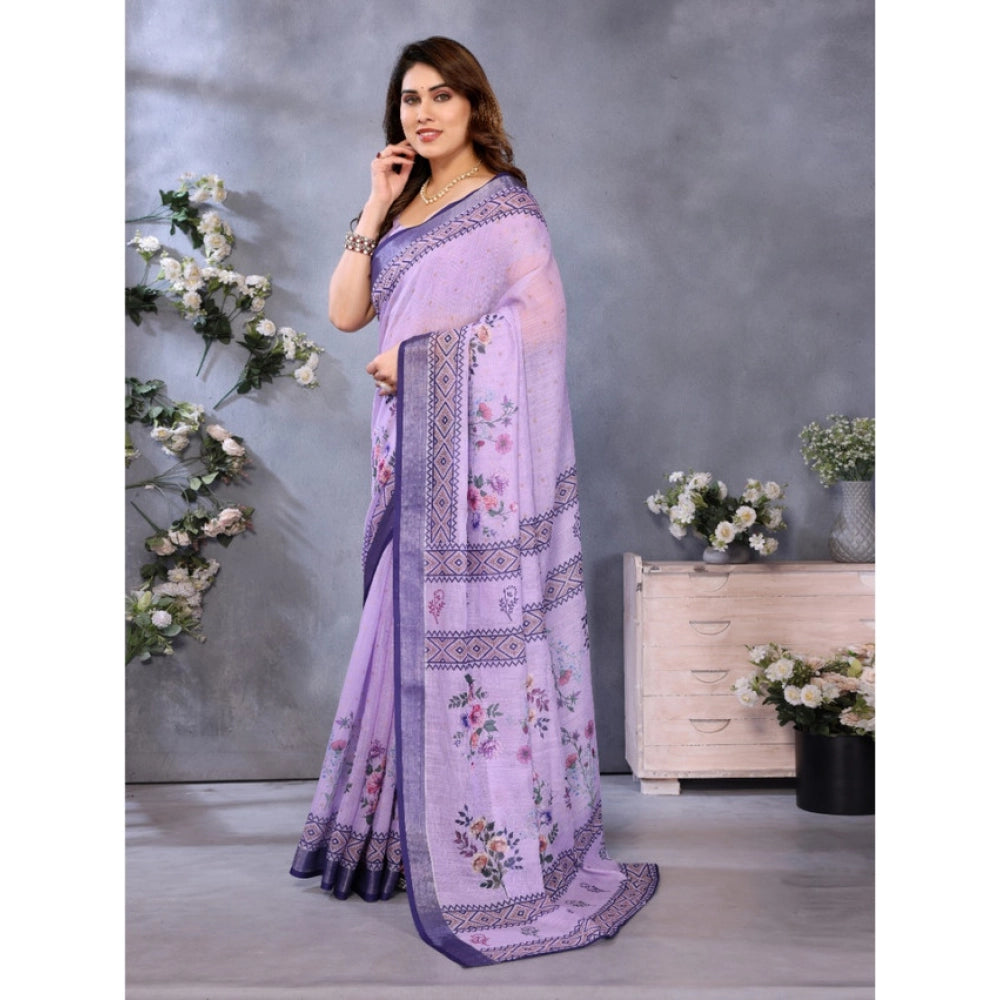 Women's Linen Cotton  Printed Saree With Unstitched Blouse 5.5Mtr  (Purple)